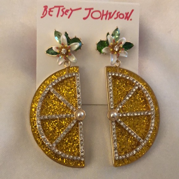 Betsey Johnson Gold Tone & Yellow Lemon Slice Drop Earrings Crystal Accents NWT - Picture 8 of 11